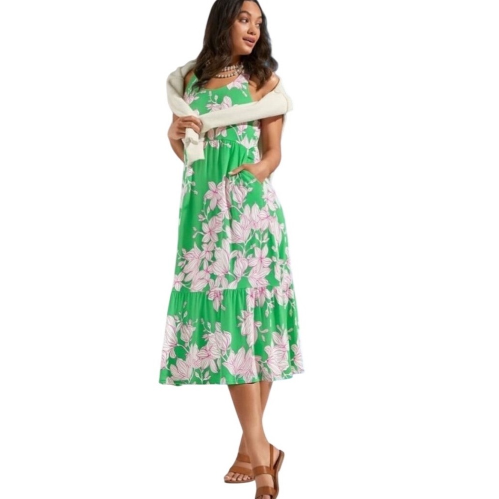 Cabi 6217 Magnolia Dress Green Pink Floral Sleeveless Tiered Midi Pockets Size L